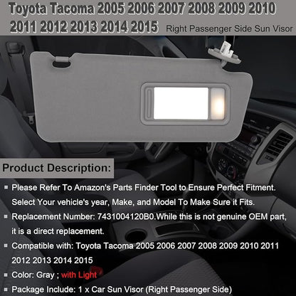 NHILES Passenger Right Side Sun Visor Replacement Fits for Toyota Tacoma 2005-2015 Sunshade with Light 7431004120B0 Color Gray