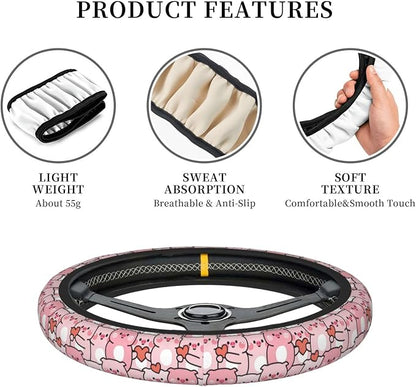 Cute Pink Pig Steering Wheel Cover for Women,Universal Auto Steering Wheel 14-15 Inch Car Interior Accessories with 2PCS Car Coasters,Suitable for Men and Women