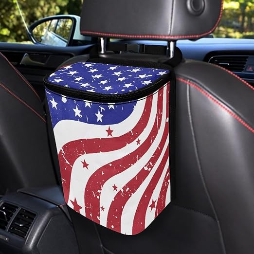 Talayituse Retro American Flag Print Car Trash Bin, Large Size Auto Trash Can Adjustable Portable Garbage Can with Lid, 4th of July Decor Vehicle Hanging Bag for Headrest Front Back Seat