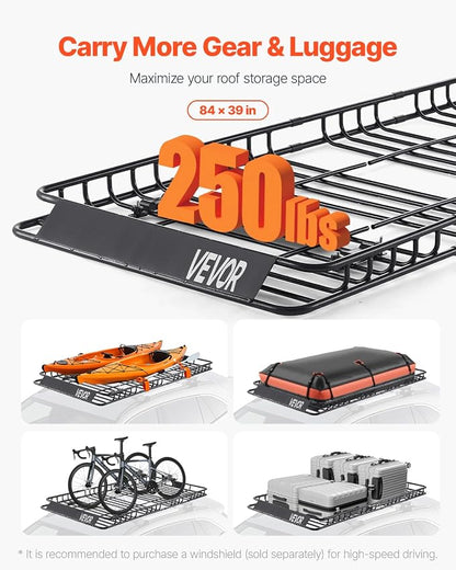 VEVOR Roof Rack Basket, 84 x 39 x 4.1 in, Universal Rooftop Cargo Carrier with 7.9 x 3.9 x 10.2 in Cargo Bag, Net, Ratchet Straps, 250 lbs Max Load Capacity Car Top Luggage Holder, for SUV Truck Car