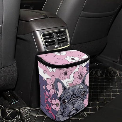Talayituse French Bulldog Cherry Blossom Print Car Trash Can with Lid, Leak Proof Auto Trash Bag Hanging Vehicle Garbage Can Multipurpose Storage Container for Back Seat Road Trip