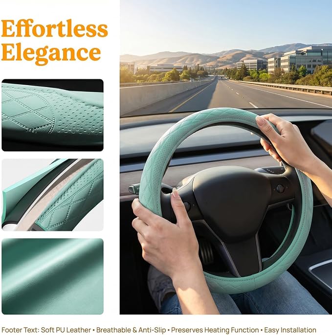 Zpana Car Steering Wheel Cover, 14.5-15" Breathable Soft Leather Vehicle Steering Wheel Protector with Anti-Slip Lining, Comfortable Auto Interior Decoration Accessories, Universal Fit (Tiffany Lane)