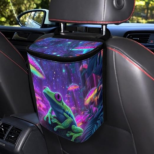 Talayituse Frog Mushroom Galaxy Print Car Trash Can with Lid, Leak Proof Auto Trash Bag Hanging Vehicle Garbage Can Multipurpose Storage Container for Back Seat Road Trip
