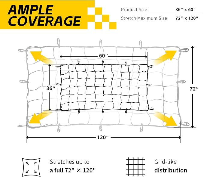 MaxxHaul Heavy-Duty Cargo Net – 3' x 5' Stretches to 6' x 10' – Wide 6" Mesh with 12 PP Hooks – Truck Bed, Trailer & Roof Rack Cargo Accessory