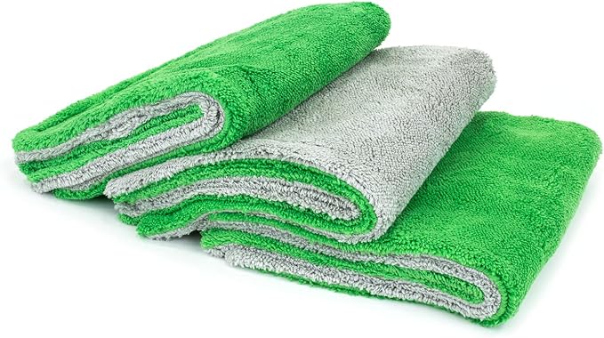 Autofiber Royal Plush Double Pile Microfiber Detailing Towel - Pack of 3, Green/Gray (16 inch x 16 in, 700 GSM)
