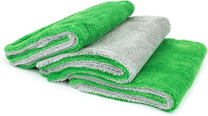 Autofiber Royal Plush Double Pile Microfiber Detailing Towel - Pack of 3, Green/Gray (16 inch x 16 in, 700 GSM)