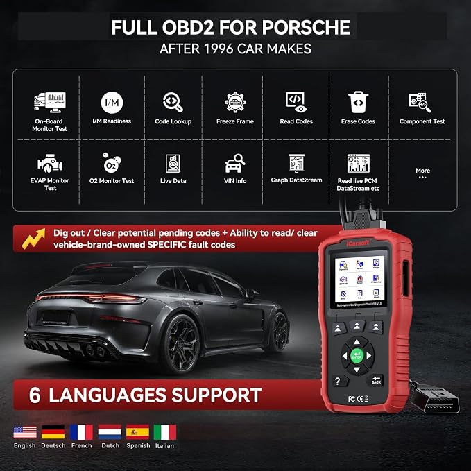 iCarsoft OBD2 Scanner POR V1.0 for Porsche/Cayenne/Macan/911, All System Diagnostic Tool Oil/SAS Reset Battery Test 10 OBD2/EOBD Modes CAN Car Scan Code Reader/DTC/Live Data/Freeze Frame