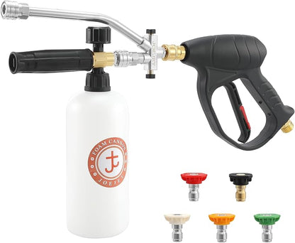 JOEJET Short Pressure Washer Gun with Foam Cannon Dual Connector Accessory, Car Wash Foam Gun with 1/4 Inch Quick Connector, 5 Pressure Washer Nozzle Tips, 1 Liter