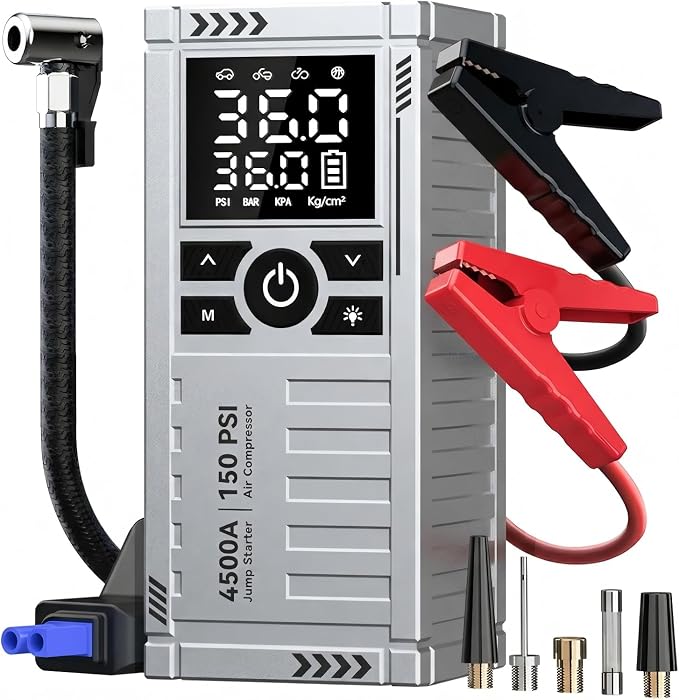 Car Battery Jump Starter with Air Compressor - 4500A Battery Jumper Starter Portable (9.0 Gas/8.0L Diesel) with 150PSI Tire Inflator, 12V Car Jump Box with Jumper Cables, LED Light, LCD Display