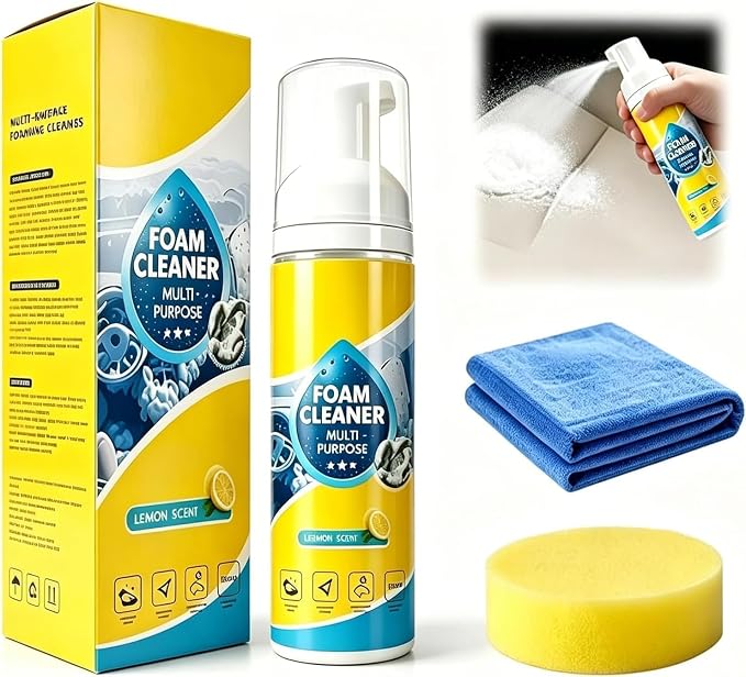 4-in-1 Foam Spray Cleaner - 2026 New Foam Cleaner Multi Purpose, New Foam No-Rinse Cleaner with Sponge and Towel for Car Interior, Kitchen Grease, Bathroom Tiles, Sofa Upholstery