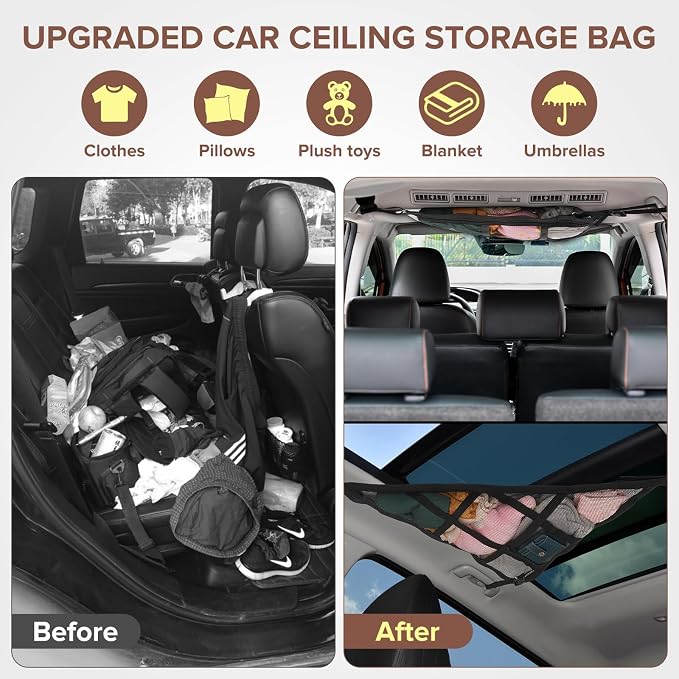 31.5"x21.6" car Ceiling Cargo net for 3-Handle & 4-Handle Vehicles, Double-Layer roof Storage Organizer, mesh car Storage for Road Trips, Camping, SUV, Jeep, 4runner, Ford, Chevy