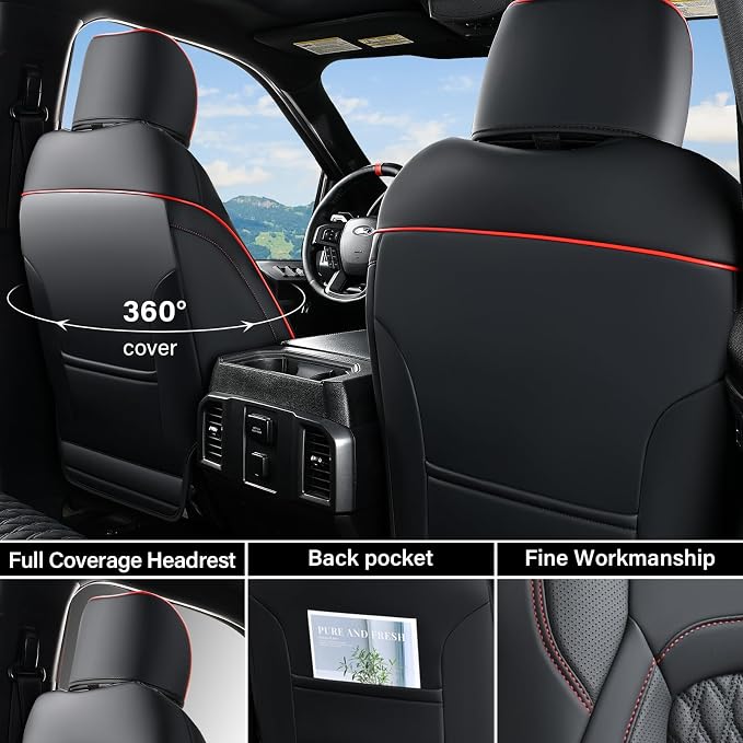 Coverado Seat Covers for Dodge Ram 1500, Full Coverage Leather Car Seat Covers Waterproof Fit for 2010-2023 2500 3500 Dodge RAM Automotive Seat Covers Protector for Trucks Ram, Red line