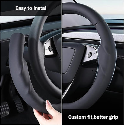 Steering Wheel Cover for Tesla Model 3 2024-Present Highland/Tesla Model Y Juniper 2025-Present, Leather Steering Wheel Cover for Tesla Model 3 Highland/Y Juniper Accessories, Black