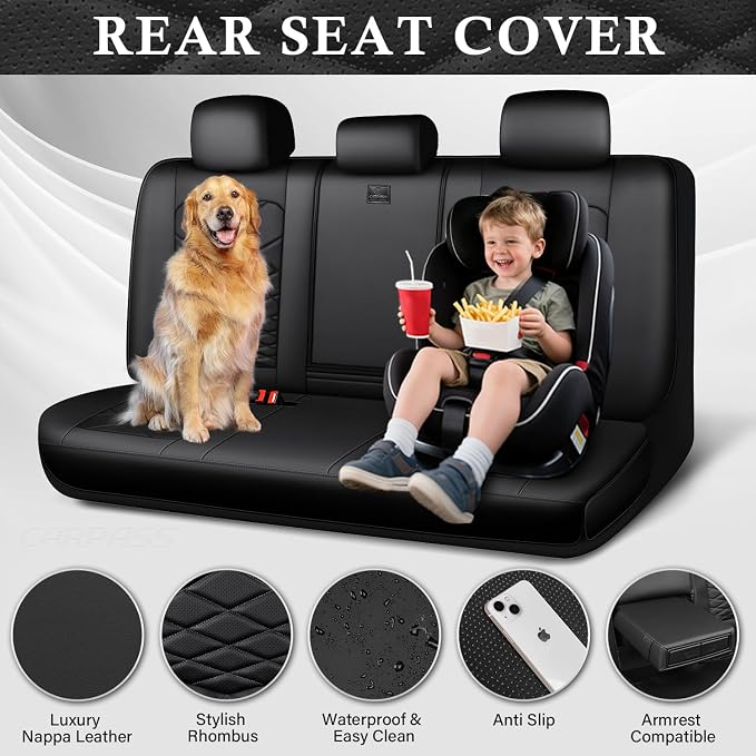 CAR PASS Luxury Nappa Leather Back Seat Covers, Piping Water Resistant Premium Perforated Leather Rear Bench Seat Covers, Breathable Backseat Cover Universal Fit for Most Sedan SUV Van Truck, Black