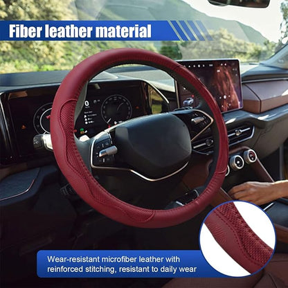 Car Steering Wheel Cover, 15 Inch Leather Anti-Slip Breathable Automotive Steering Wheel Protector, Universal Heat Resistant Vehicle Interior Accessories Cars, SUVs, Trucks (Burgundy)