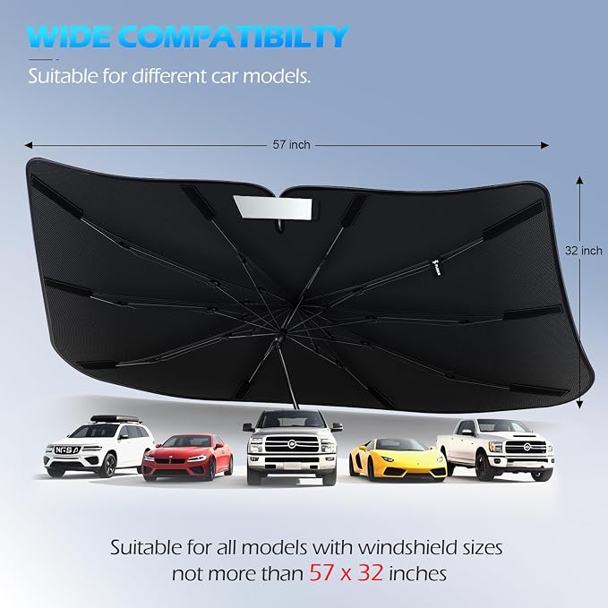 [2026 Upgrade] FLORICH Windshield Sun Shade, UPF80+ Sunshade for Car Windshield Blocks Heat & UV Rays, Car Sun Shade Umbrella Protect Interior from UV Keep Car Cooler Foldable M 57”x32”