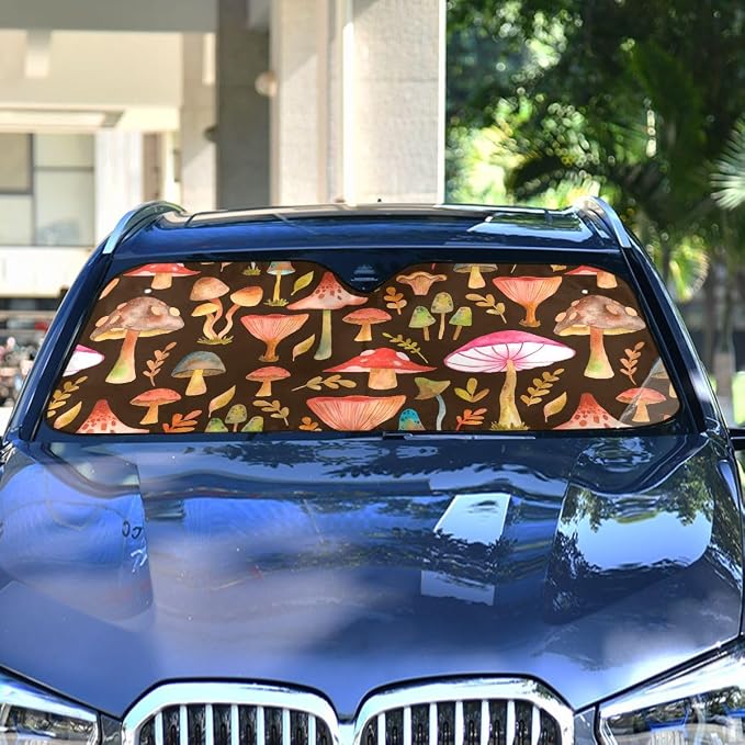 Watercolor Mushrooms Brown Car Windshield Sun Shade Foldable UV Ray Sun Visor Protector Sunshade to Keep Your Vehicle Cool (55" x 27.6")