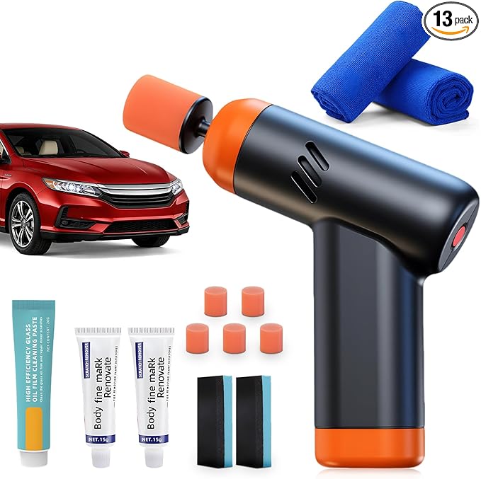 Mini Cordless Polisher for Car Detailing, 13pcs Polisher Car Care Kit with 5 Polishing Pads & Scratch Grinding Agent, Cleaning Paste, Handheld Body Repair Machine for Auto Scratch Repair Waxing