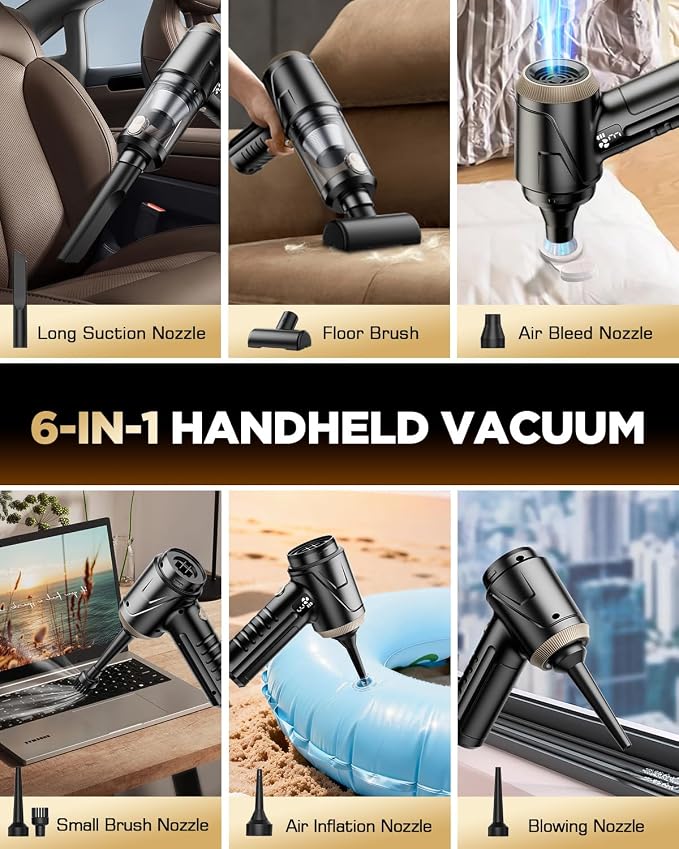 Handheld Vacuum Cleaner 26000Pa Suction with Brushless Motor, 4-in-1 Portable Mini Car Vacuum with 3 Suction Modes, Cordless Vacuum with LED Light, Type-C Charge for Car, Office Desk, Keyboards