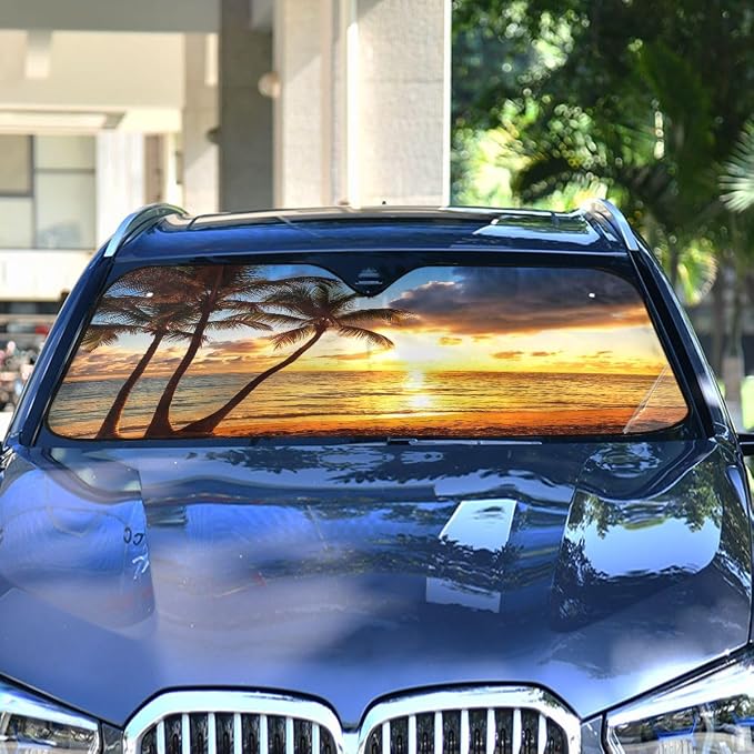 Palm Tree Car Windshield Sun Shade Tropical Sunset Beach Ocean Foldable UV Ray Sun Visor Protector Sunshade to Keep Your Vehicle Cool (55" x 27.6")