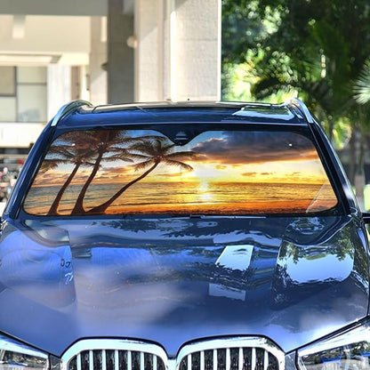 Palm Tree Car Windshield Sun Shade Tropical Sunset Beach Ocean Foldable UV Ray Sun Visor Protector Sunshade to Keep Your Vehicle Cool (55" x 27.6")