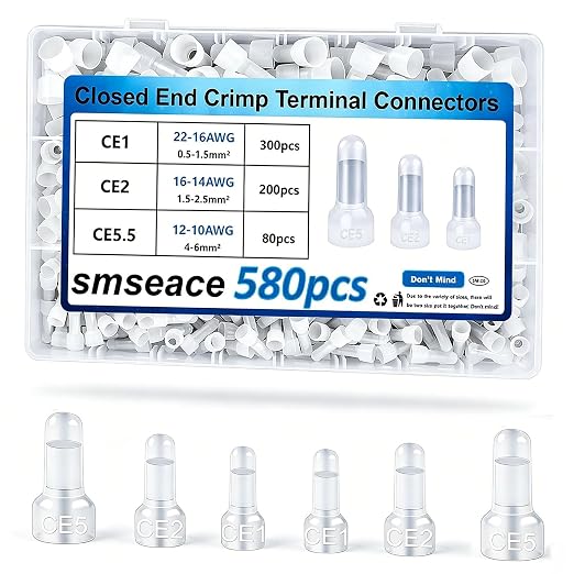 smseace 580 Pcs Nylon Closed End Crimp Connector - Closed End Crimp Caps Terminal for 22-16 AWG, 16-14 AWG, 12-10 AWG - Ideal for Automotive, Audio, and Electrical Applications