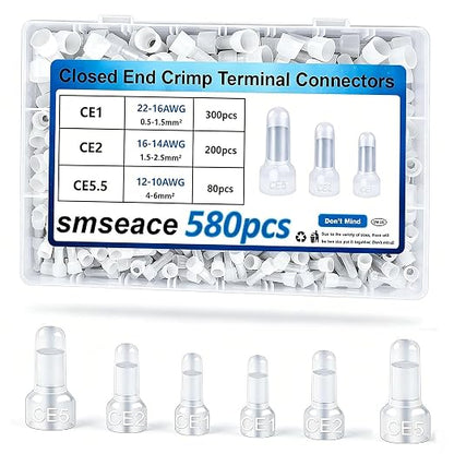 smseace 580 Pcs Nylon Closed End Crimp Connector - Closed End Crimp Caps Terminal for 22-16 AWG, 16-14 AWG, 12-10 AWG - Ideal for Automotive, Audio, and Electrical Applications
