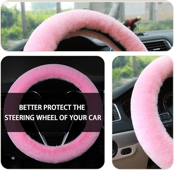 Ziciner Fuzzy Steering Wheel Cover, 15 inch Soft Wool Fur Steering Wheel Protector, Fluffy Wheel Covers for Winter Warm, Car Interior Decoration Accessories for Women Men (Pink)