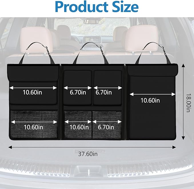 Hovom Car Trunk Organizer, Large Capacity Trunk Organizer for SUV, Detachable Vehicle Seat Back Hanging Storage Organizer with Zippers, Waterproof Car Storage Bag with 7 Pockets (Black)