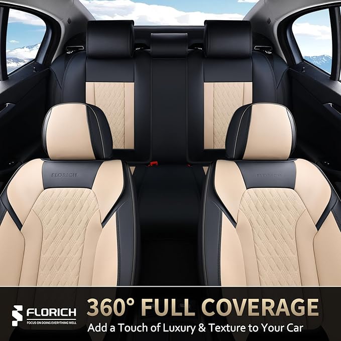 FLORICH Seat Covers, Car Seat Covers Full Set, Luxury Nappa Leather Seat Covers, Breathable and Waterproof Car Seat Protector 5 Seat, Automotive Seat Covers Universal Fit for Most Cars-Black&Beige