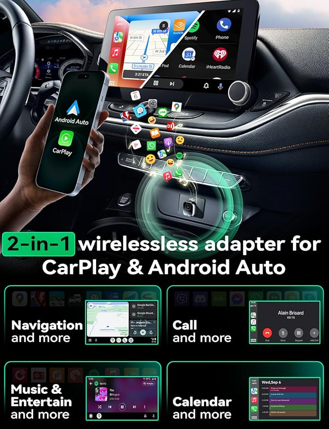 Wireless Carplay & Android Auto Adapter, Metal Design Mini & Stable 2-in-1 Dongle, Convert Vehicle's Wired CarPlay/AA to Wireless, for iOS 10+/Android 11+ & Cars from 2016