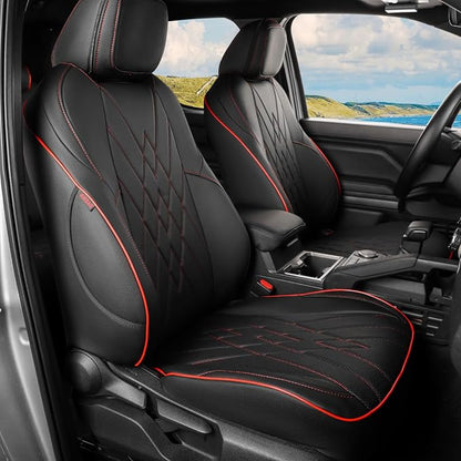 EKR Tacoma Car Seat Covers Custom for Toyota Tacoma (Only for Hybrid) 2024 2025 2026 Double cab TRD Sport,TRD Off-Road,Limited,Trailhunter - Full Set,Leather(Black with Red Trim)