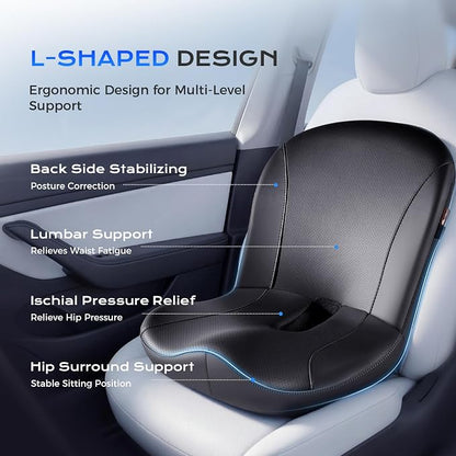 Coverado Car Seat Cushion and Lumbar Support Pillow One Piece, Napa Leather Memory Foam Ergonomic Back Support Driving Seat Cushion for Back Pain, Non-Slip Washable Cushion for Car, Driver, Office