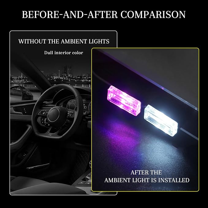 4 PCS USB LED Car Interior Atmosphere Lamp, Portable Mini Auto LED Decor Night Light, Plug-in USB Interface Ambient Lighting Kit, Universal Car Interior Accessories(White+Purple)