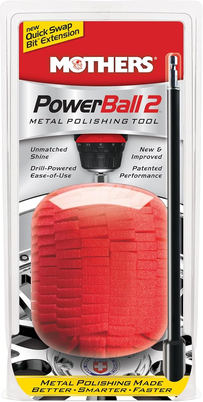 Mothers PowerBall 2, Polishing Tool with 10” Quick Swap Bit – Drill-Powered, Polishes Deep-Dish Wheels & Tight Areas with Ease, Delivers Fast & Unmatched Shine (05143)