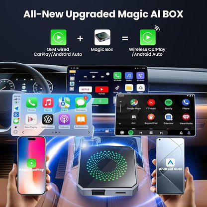 Wireless CarPlay & Android Auto Adapter with Netflix/YouTube, [Supports 4K HDMI Output & Screen Mirroring] - Plug & Play Car Play Wireless Smart AI Box for Cars with OEM Wired CarPlay/Auto