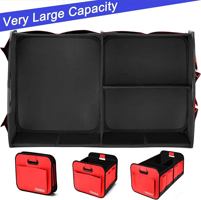 Homeve Car Trunk Organizer for SUV, 18.5Gal Large Capacity No-Sag Heavy Duty, Foldable Waterproof Anti-Slip Storage with 12 Pockets, Fit Sedan, Truck, Universal Car Accessories, Red, 2 Compart, Large