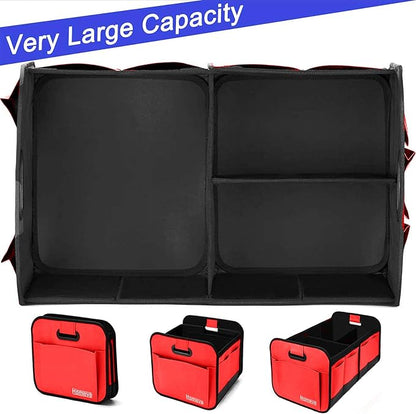Homeve Car Trunk Organizer for SUV, 18.5Gal Large Capacity No-Sag Heavy Duty, Foldable Waterproof Anti-Slip Storage with 12 Pockets, Fit Sedan, Truck, Universal Car Accessories, Red, 2 Compart, Large