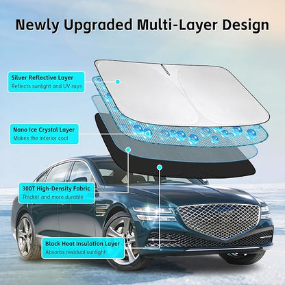 Windshield Sun Shade for Hyundai Genesis G80 2017-2020 Sunshade 300T Windshield Cover Blocks UV Rays Custom Fit Genesis G80 Front Window Shades Windshield Accessories Keep Cool Foldable