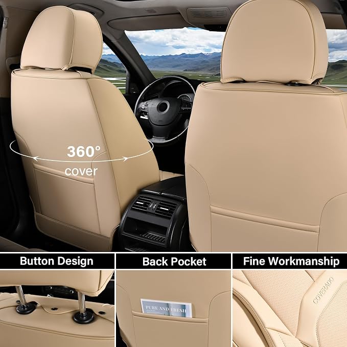 Coverado Seat Covers, Leather Seat Covers Front Seat, Luxury Car Seat Covers with Lumbar Support, Front Driver Seat Covers, Car Seat Protector Waterproof Universal Fit Most Cars(Beige)