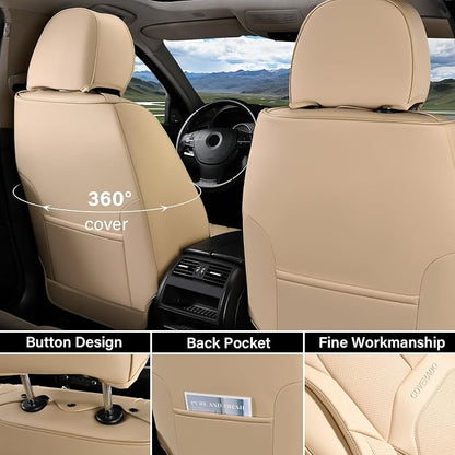 Coverado Seat Covers, Leather Seat Covers Front Seat, Luxury Car Seat Covers with Lumbar Support, Front Driver Seat Covers, Car Seat Protector Waterproof Universal Fit Most Cars(Beige)