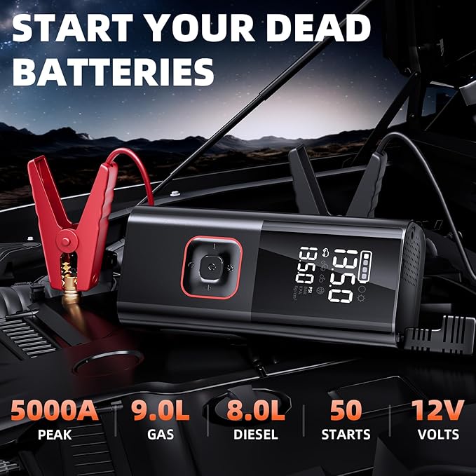 Jump Starter with Air Compressor, 5000A Battery Jumper Starter Portable (9L Gas/8L Diesel) with 160PSI Auto-Shutoff Tire Inflator, 12V Jump Box Car Battery Jump Starter with Jumper Cables, LED Light