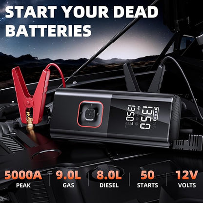 Jump Starter with Air Compressor, 5000A Battery Jumper Starter Portable (9L Gas/8L Diesel) with 160PSI Auto-Shutoff Tire Inflator, 12V Jump Box Car Battery Jump Starter with Jumper Cables, LED Light