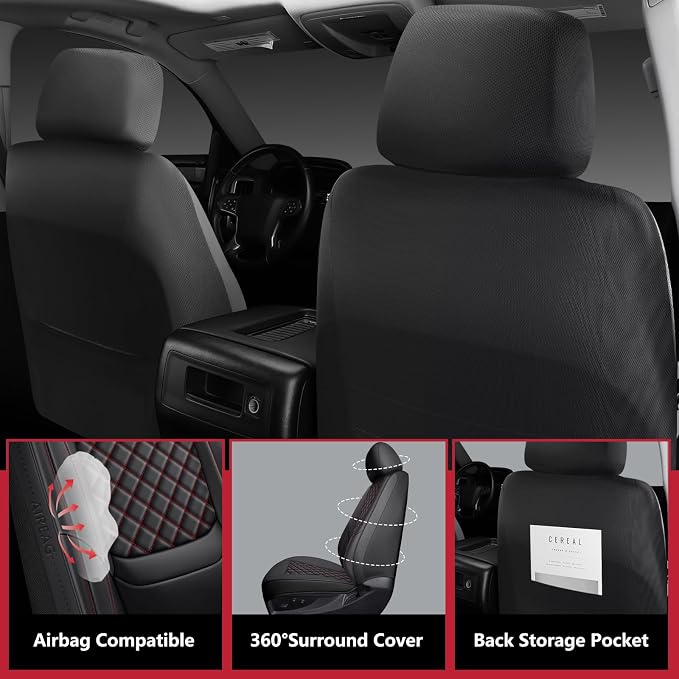 Ram Seat Covers 2019-2026 Front Pair, Truck Interior Sets with Lumbar Support Custom Fit for Dodge Ram 1500/2500/3500 Crew/Quad/Mega Cab Bighorn Longhorn Laramie Tradesman Rebel, Black Red