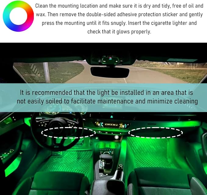 Yourkar Car LED Strip Light, 24 LED Interior Under Dash Atmosphere Lights with Cigarette Lighter, Vehicle Decor Lamp Ambient Night Light Strip Lighting, Universal Car Accessories (Green)
