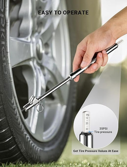 LUMITECO Dual Head Tire Pressure Gauge, Heavy Duty Extension Air Tire Gauge for Tire Pressure Range 10-150PSI 1-10BAR, Straight Foot Dual Head Chuck Auto Service Gage for Car,Semi Truck,RV,Motorcycle
