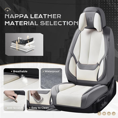 Coverado Seat Covers Full Set, 5 Seats Seat Covers for Cars, Waterproof Nappa Leather Car Seat Covers with Head Pillow, Seat Protectors Car Seat Cushion Universal Fit for Most Cars (Gray&White)