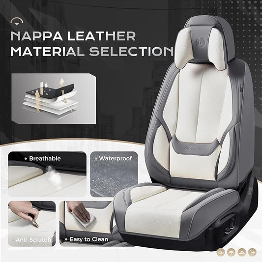 Coverado Seat Covers Full Set, 5 Seats Seat Covers for Cars, Waterproof Nappa Leather Car Seat Covers with Head Pillow, Seat Protectors Car Seat Cushion Universal Fit for Most Cars (Gray&White)