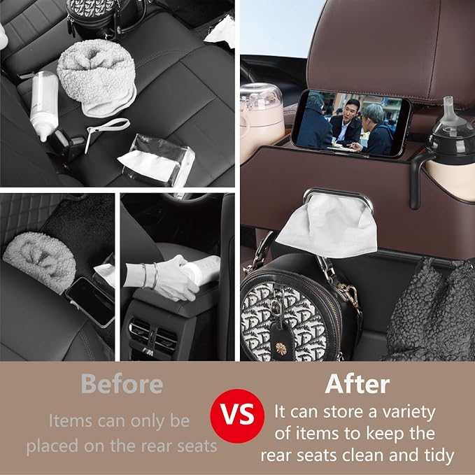 Backseat Car Organizer with 2 Drink Cup Holder - Tissue Holder - Car Seat Hooks for Headrest - Multi-functional Storage for Travel - Perfect for Kids, Adults(Brown)