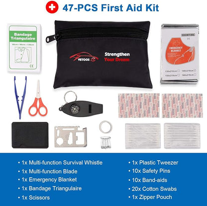 Vetoos Roadside Emergency Car Kit with Jumper Cables, Auto Vehicle Safety Road Side Assistance Kit Essentials, Winter Car Kit for Women and Men, with Mini Car Tool Set, Dial Tire Pressure Gauge